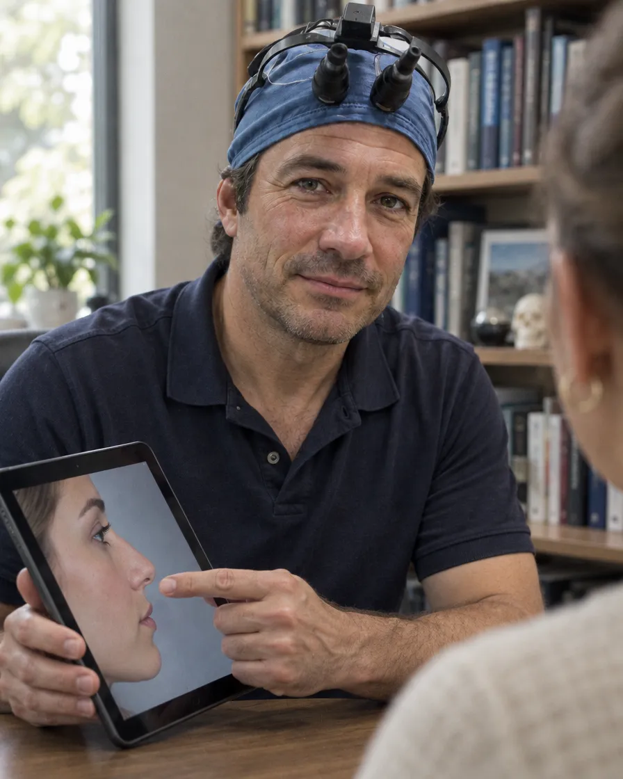 El Dr. Lombardi en consulta mostrando un perfil en una tableta